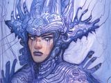 dessin représentant une femme vêtue d'un costume bleu, avec un dragon sur la tête