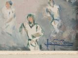 a painting of a baseball player holding a bat in front of two other players