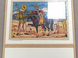 three framed pictures of a man riding a horse and a woman riding a horse