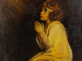 a painting of a woman kneeling down with her hands clasped in prayer