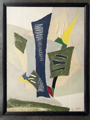 painting of abstract shapes and colors in a black frame on a wall