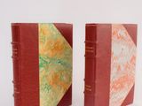 two red leather books with a yellow and green cover on a white surface