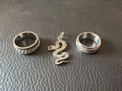 two silver rings with a dragon charm on them