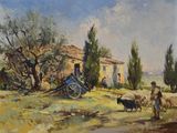 une image représentant un tableau où l'on voit un homme avec un cheval et une charrette devant une maison