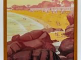 a picture of a painting of a beach with people on it