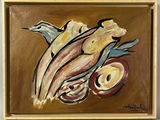 une image représentant un tableau de bananes et de pommes sur fond marron