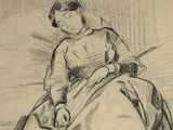 an old drawing of a woman sitting on top of a bed