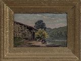 une peinture à l'huile représentant une maison au bord de l'eau, avec un chien sur la rive