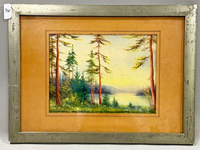 une image représentant un tableau représentant une scène de forêt avec un lac en arrière-plan