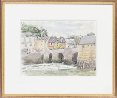 aquarelle encadrée représentant un paysage fluvial avec des bâtiments et un pont