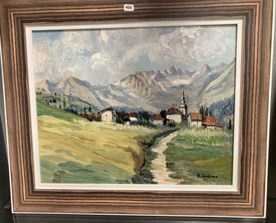 une peinture à l'huile représentant un petit village dans un paysage montagneux