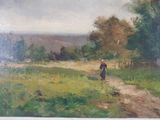 an oil painting of a woman walking down a path in a field