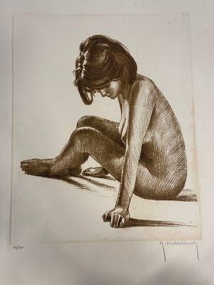 dessin représentant une femme nue assise par terre, les mains posées sur les genoux
