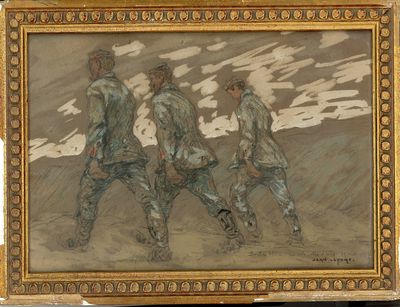 une image représentant un tableau où l'on voit trois hommes marchant sur une plage