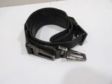a black belt with a metal buckle on a white surface