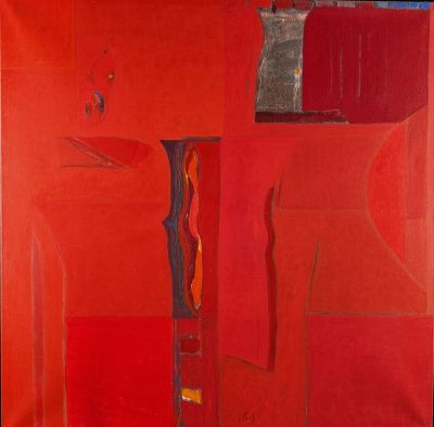 une image représentant un tableau d'une pièce rouge sur laquelle est posé un vase