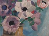 a painting of flowers in a vase on a table