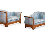 paire de chaises Art déco avec un revêtement rayé bleu et blanc