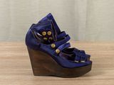 navy blue leather wedge sandals with wooden heel and gold buttons