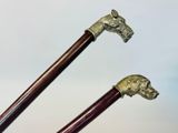 pair of walking canes with horse heads on them on a white background
