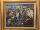 peinture d'un groupe de personnes assises autour d'une table dans une pièce