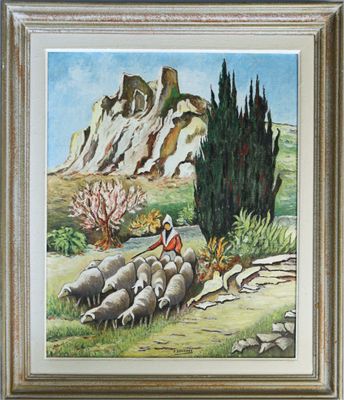 an oil painting of a man herding sheep in a mountainous landscape