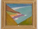 une image représentant une peinture d'une plage avec un bateau dans l'eau