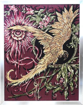 cross stitch pattern of a bird and flowers on a red background