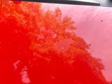 reflection of a tree on a red car ' s hood in a parking lot
