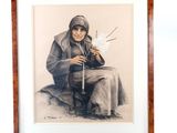painting of a woman sitting on the ground holding a stick