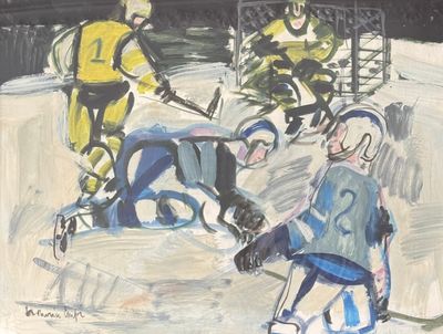 painting of a group of people playing a game of ice hockey