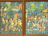 tableau représentant un groupe de personnes dans un jardin, avec un homme et une femme