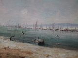 a painting of a boat in the water with seagulls flying around