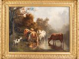 un tableau représentant des vaches en train de boire l'eau d'un ruisseau
