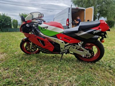 a red and green motorcycle parked in the grass