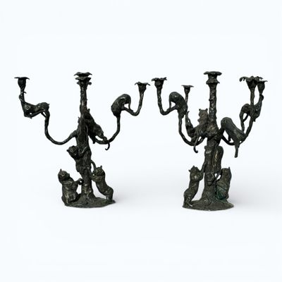 José Maria DAVID (1944-2015) Deux chandeliers aux panthères … - Photo 1