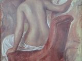 an image of a painting of a woman sitting on a red chair