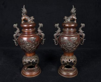 paire de vases anciens en bronze, ornés de poignées en forme de dragon et posés sur des socles
