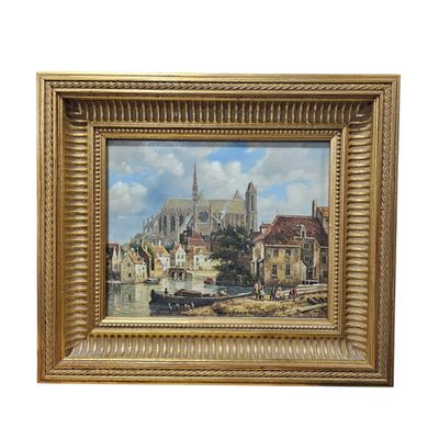 painting of a view of a city with a church in the background