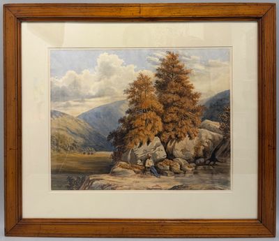 une image représentant un tableau représentant un paysage de montagne avec des rochers et des arbres