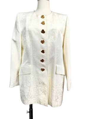 an image of a white jacket with gold buttons on a mannequin