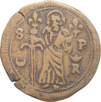 an old coin with a man holding a staff and a cross