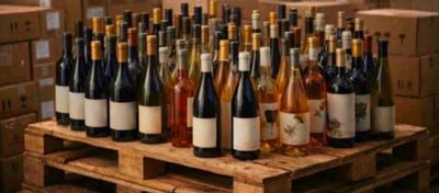 many bottles of wine sitting on a wooden pallet