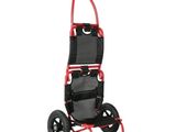 un gros plan d'un chariot rouge et noir muni de roues