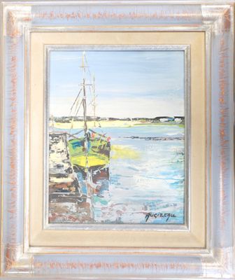painting of a yellow boat in the water near a dock