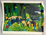 une peinture représentant un groupe de personnes travaillant dans un champ