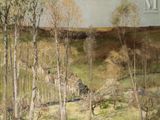 an image of a painting of a landscape with trees and a house in the distance