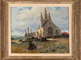 an image of a painting of a church in a field