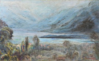 une image représentant un tableau représentant un paysage avec un lac et des montagnes en arrière-plan