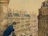 tableau représentant un homme assis sur un balcon avec vue sur la ville